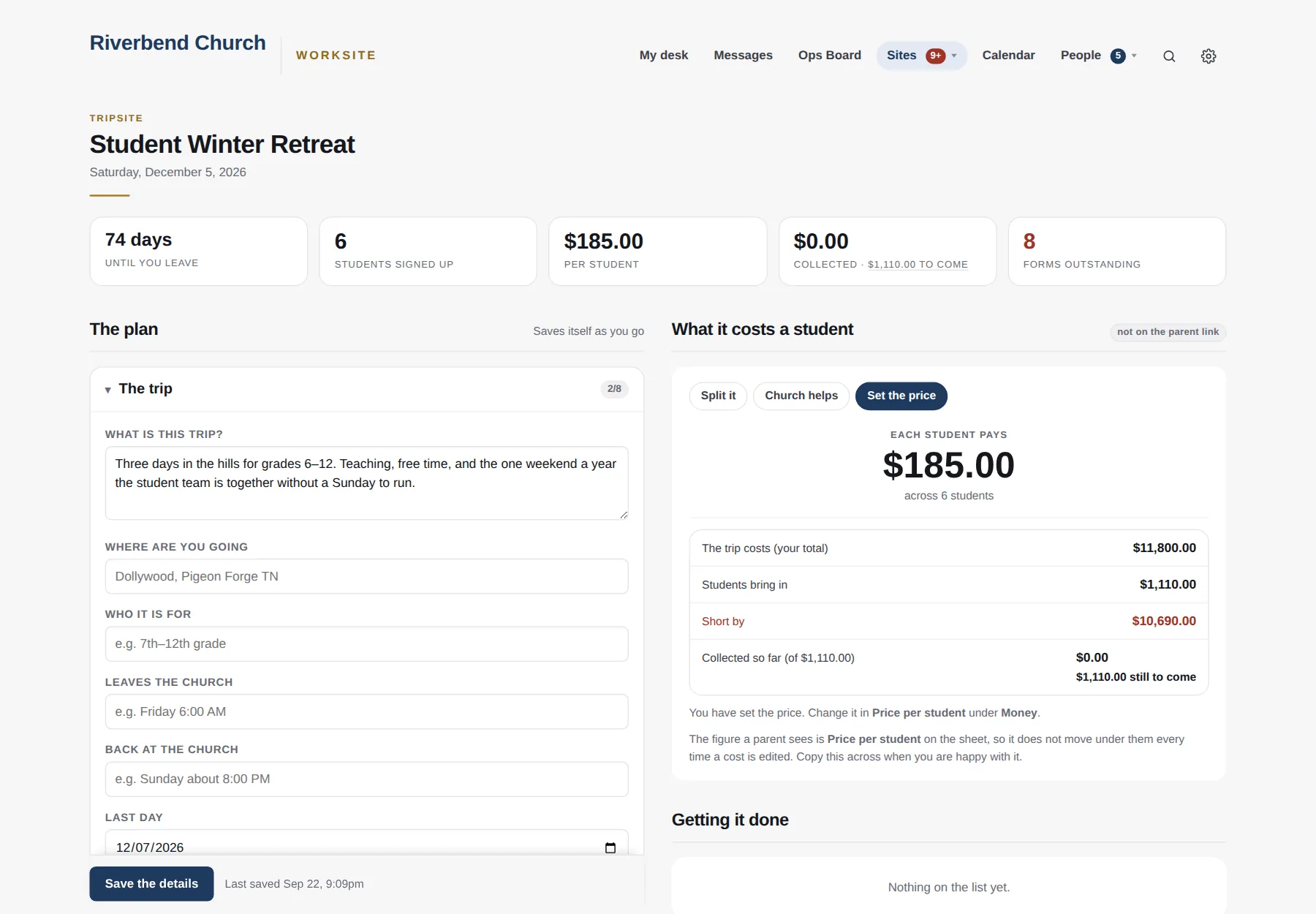 A TripSite: the roster, the price per student, what has been collected, and the forms still outstanding.