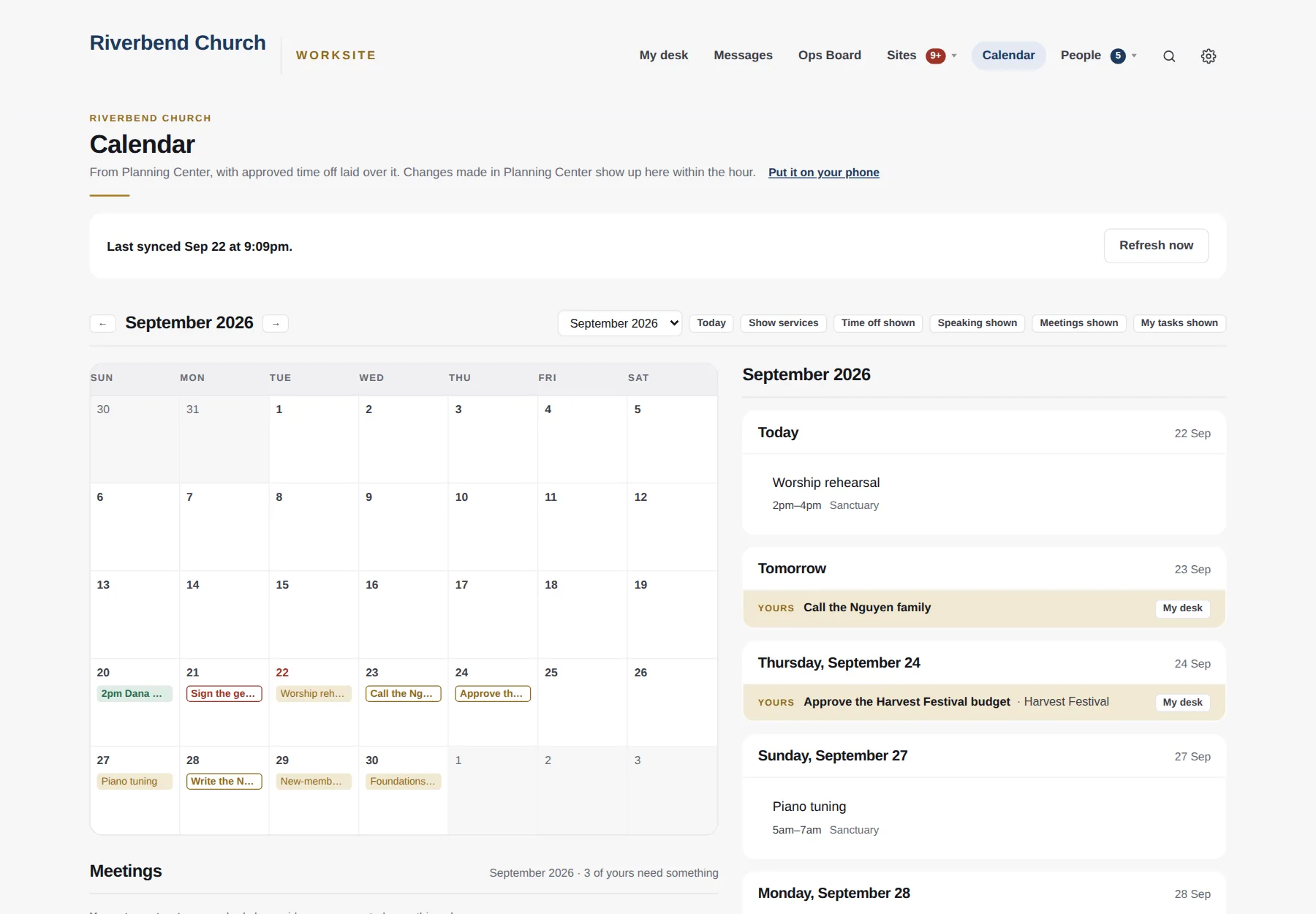 The Worksite calendar: Planning Center events on a month grid with the coming days listed beside it.