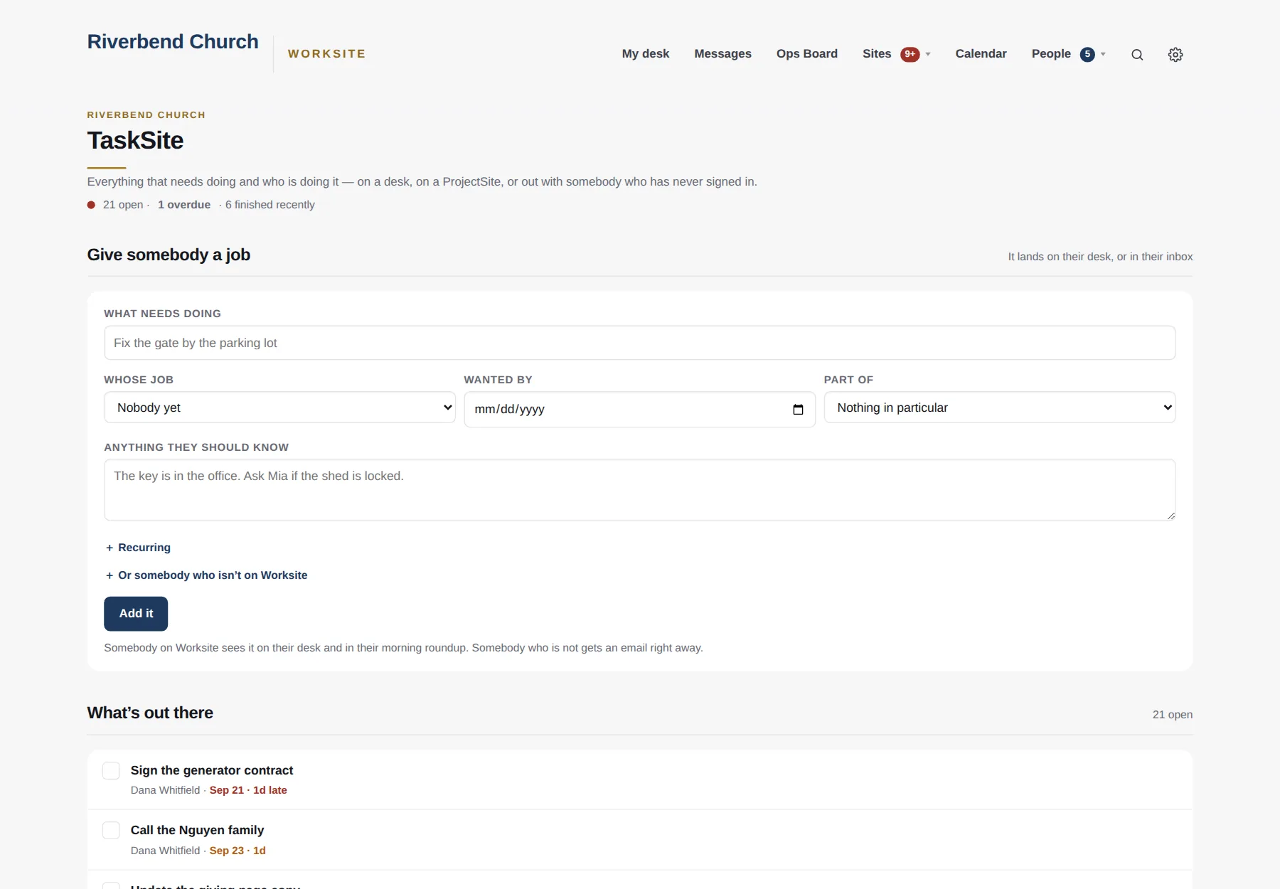TaskSite: give somebody a job, with a recurring option and a list of everything out there.