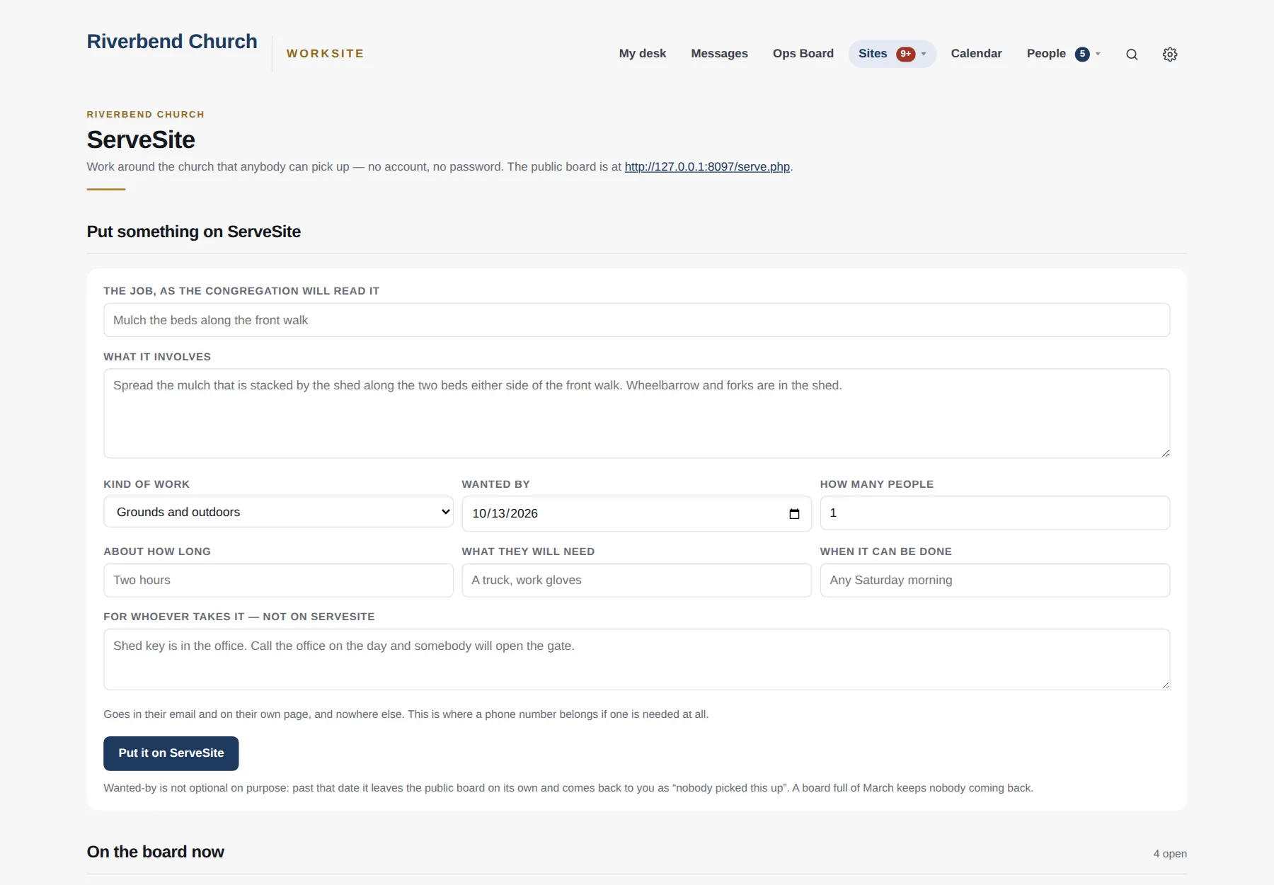 The ServeSite admin page: put something on the public board, with what it is, how many people and by when.
