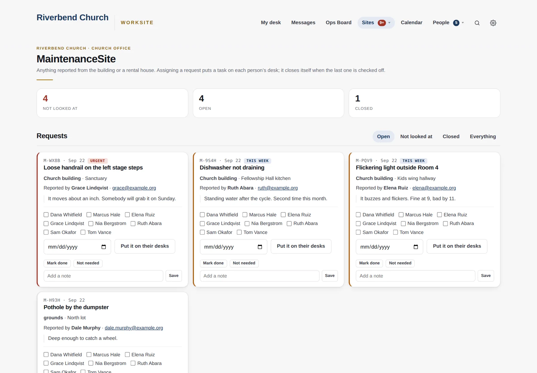MaintenanceSite: four requests as cards, with who reported each, the urgency, and a row of people to give it to.