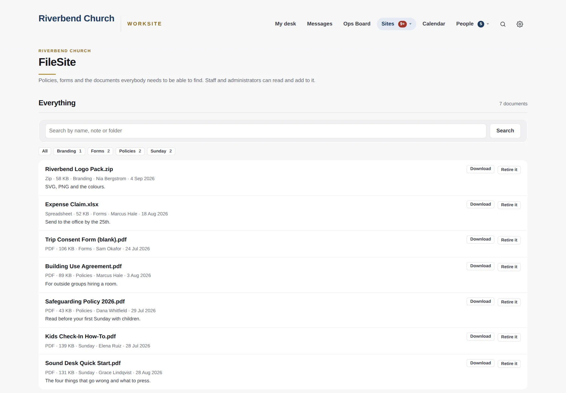 FileSite: seven documents in folders called Policies, Forms, Sunday and Branding, each with a note and who uploaded it.