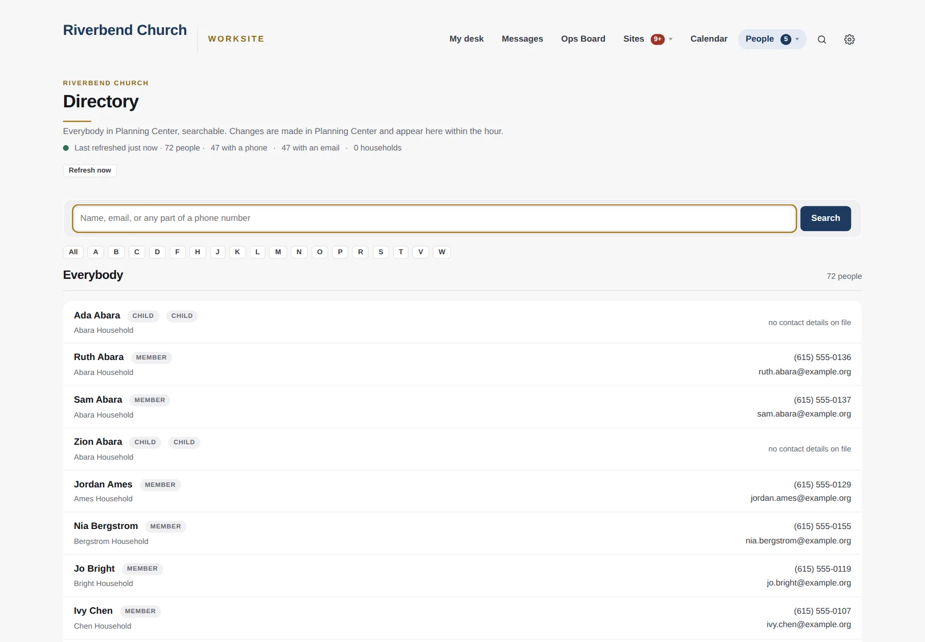 The Directory: everybody in Planning Center, searchable, with households and phone numbers.