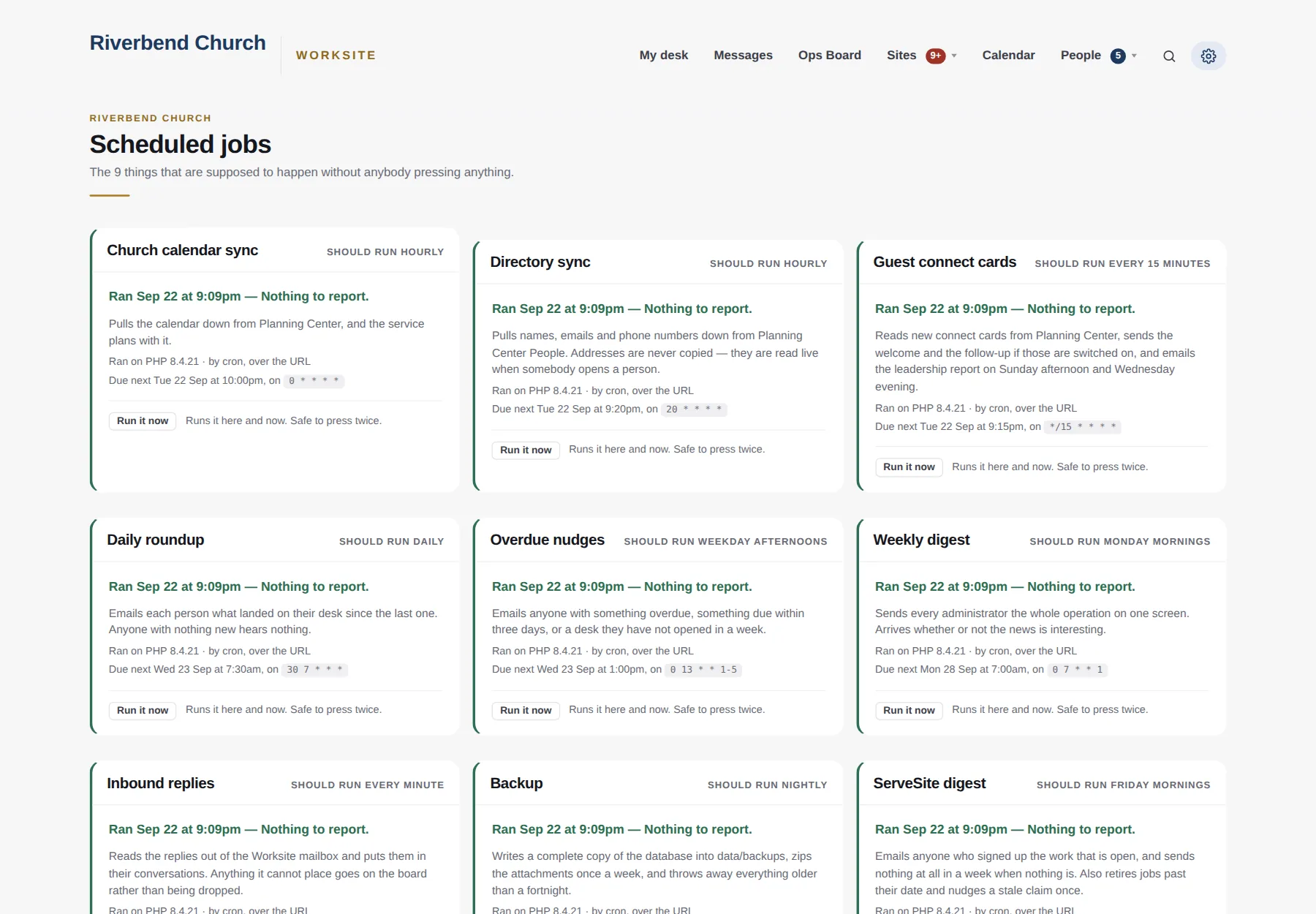 Scheduled jobs: nine jobs, each with when it last ran, what it did, and a Run it now button.