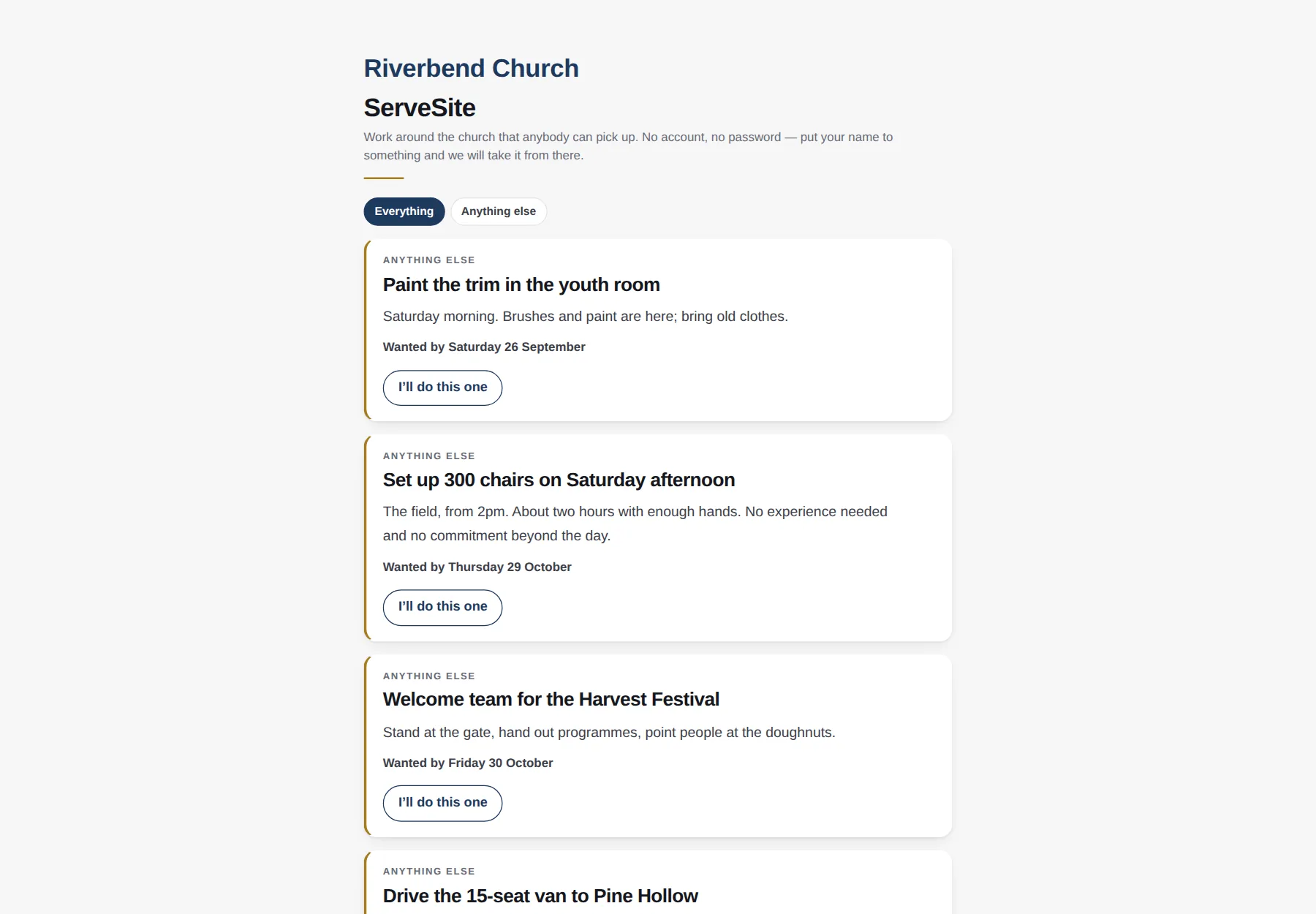 Our Serve Board: a public list of jobs around the church, each with an I'll do this one button.