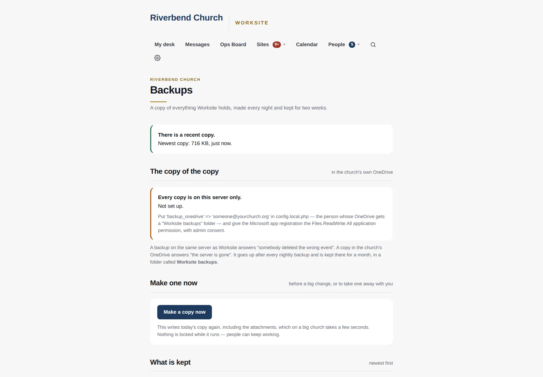 Backups: a recent copy, the off-site copy to the church's own OneDrive, and a Make a copy now button.