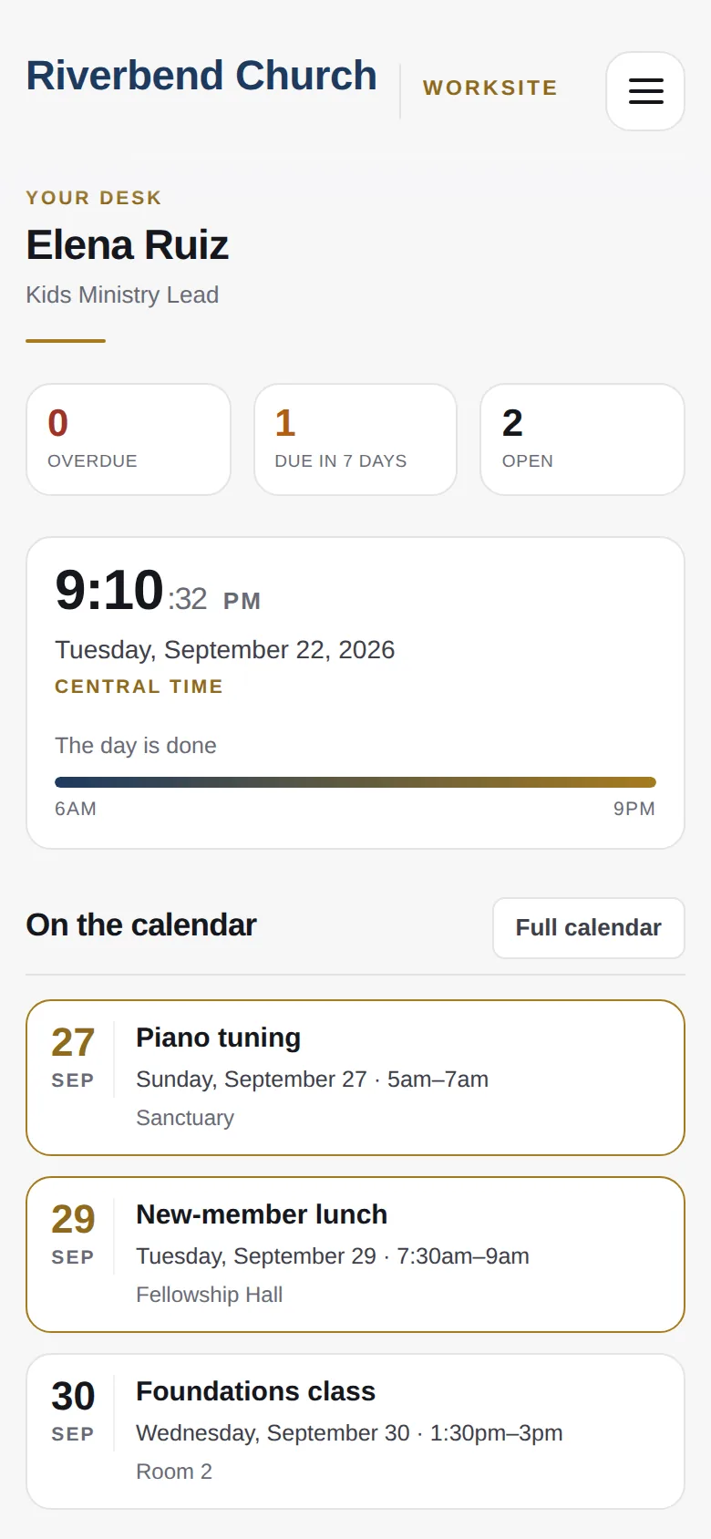 A staff member's desk on a phone: counts, the clock, the week's calendar.
