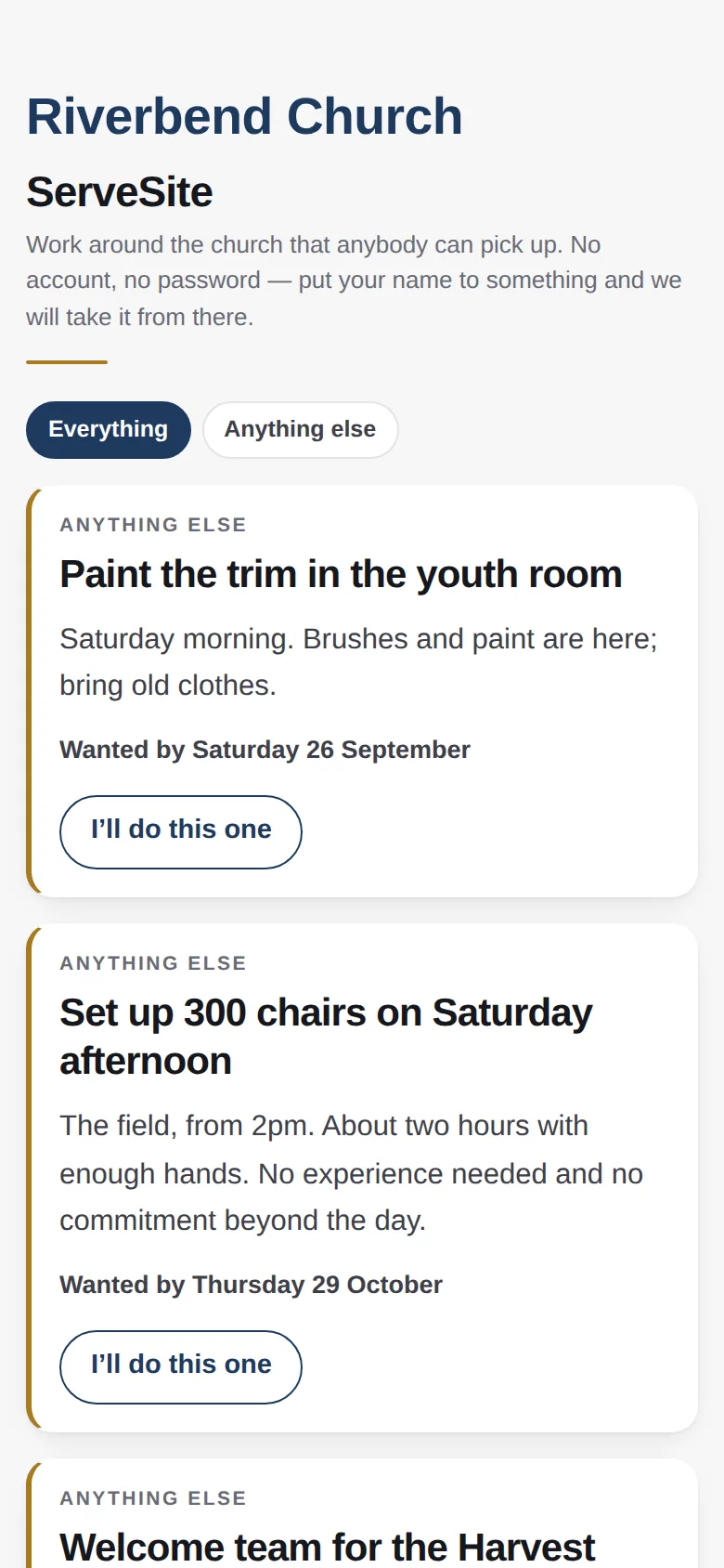 ServeSite on a phone: jobs around the church, each with an I'll do this one button.
