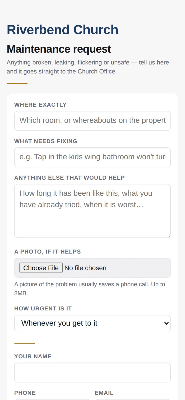 A maintenance request form on a phone: where, what needs fixing, a photo, how urgent.