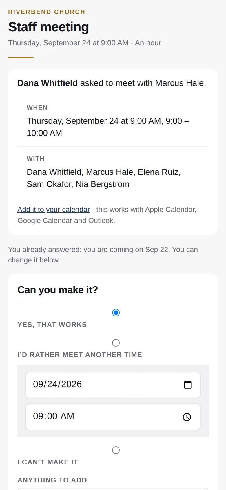 A meeting invitation on a phone: when, who, and yes, another time, or can't make it.