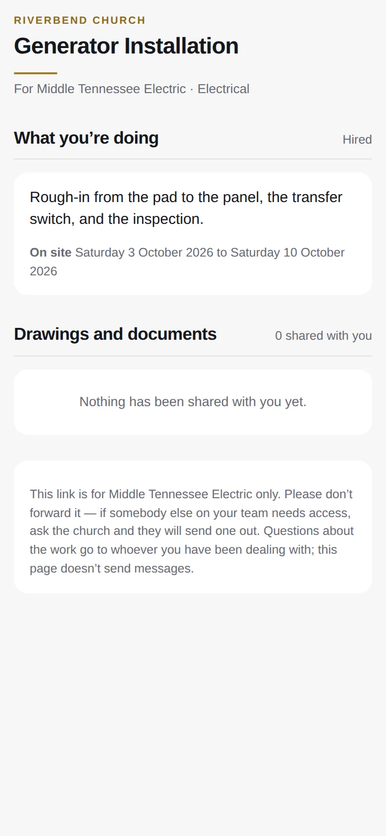 A vendor's page on a phone: what you're doing, the dates, and the drawings shared with them.